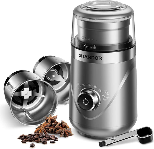 SHARDOR Adjustable Coffee Grinder Electric, Herb, Spice, Coffee Bean,Espresso Grinder with 2 Removable Stainless Steel Wet and Dry Bowl, Silver