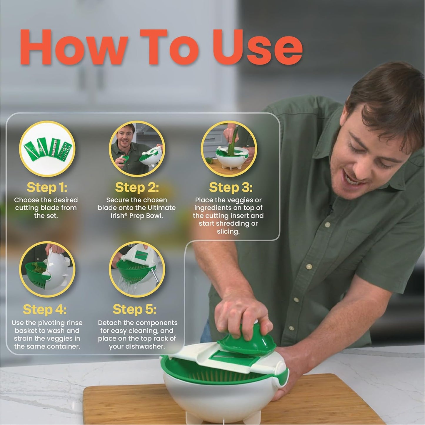 Prep Bowl – Ronnie Neville’s Original As Seen on TV Rinsing Bowl & Multi-Use Kitchen Tool to Shred, Slice, and Rinse, Vegetable & Salad Bowl