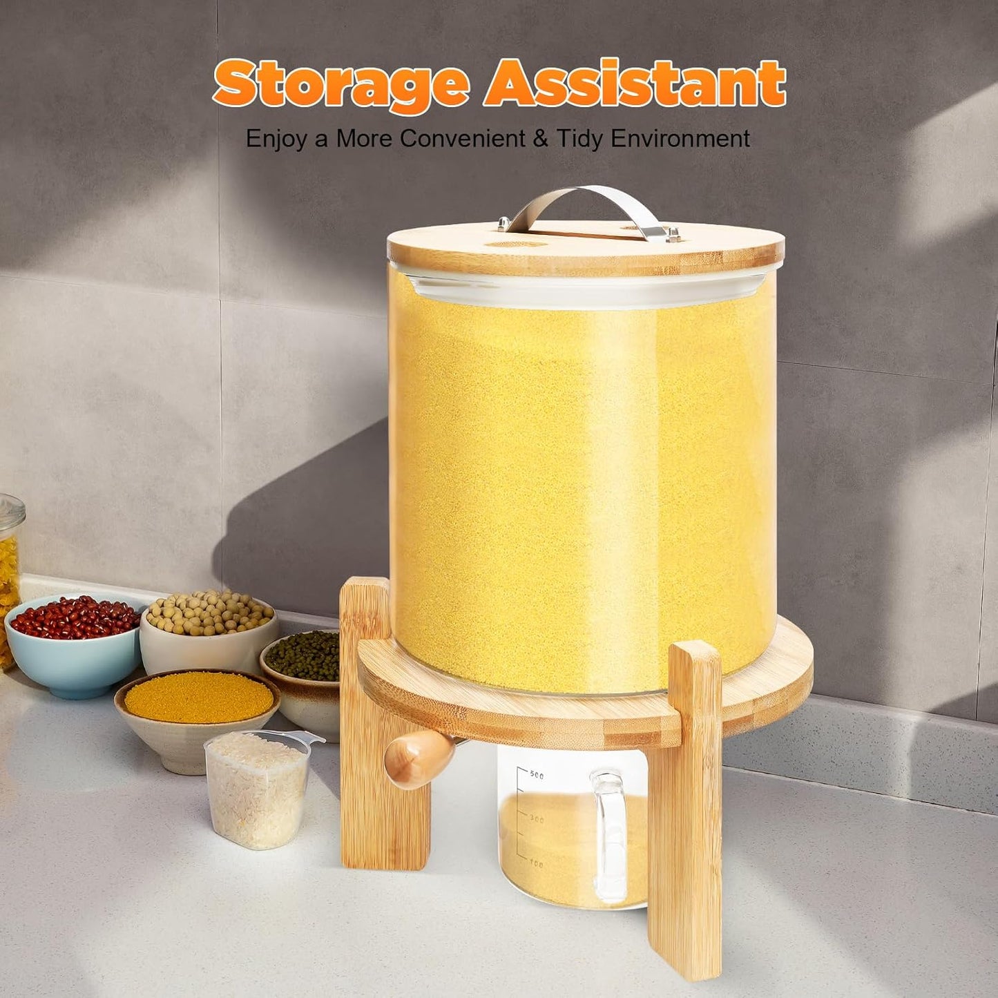 CNCEST Flour and Cereal Container, Glass Rice Dispenser, Countertop Cereal Dispenser with Measuring Cup, Airtight Lid & Wooden Stand for Storing Rice, Flour, Nuts, Coffee Beans (5L/1.32Gal)