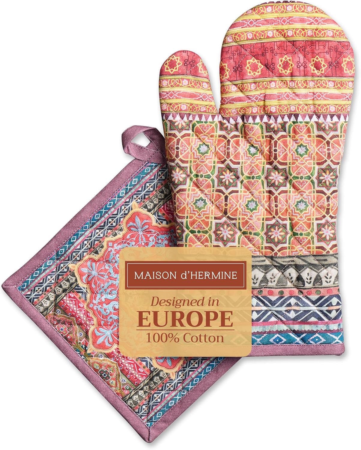 Maison d' Hermine 100% Cotton Oven Mitt & Pot Holder Set (7.5"x13" & 8"x8") Heat Resistant BBQ Cooking Gloves with Loop, Baking, Grilling, Kitchen, Handling Hot Pans (Ispahan)