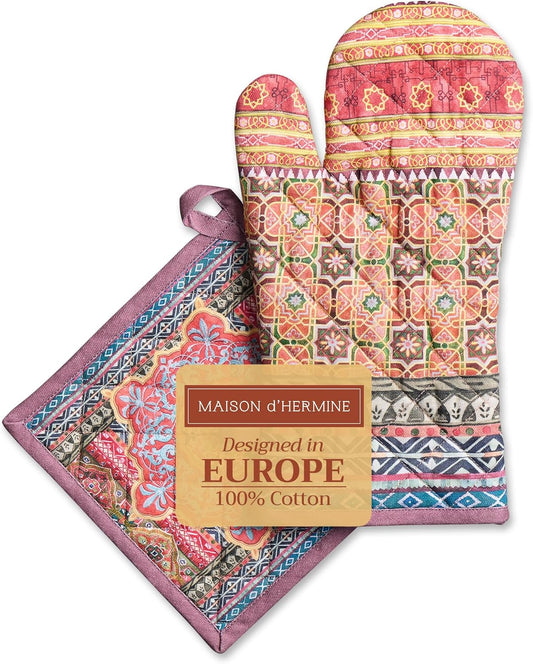 Maison d' Hermine 100% Cotton Oven Mitt & Pot Holder Set (7.5"x13" & 8"x8") Heat Resistant BBQ Cooking Gloves with Loop, Baking, Grilling, Kitchen, Handling Hot Pans (Ispahan)