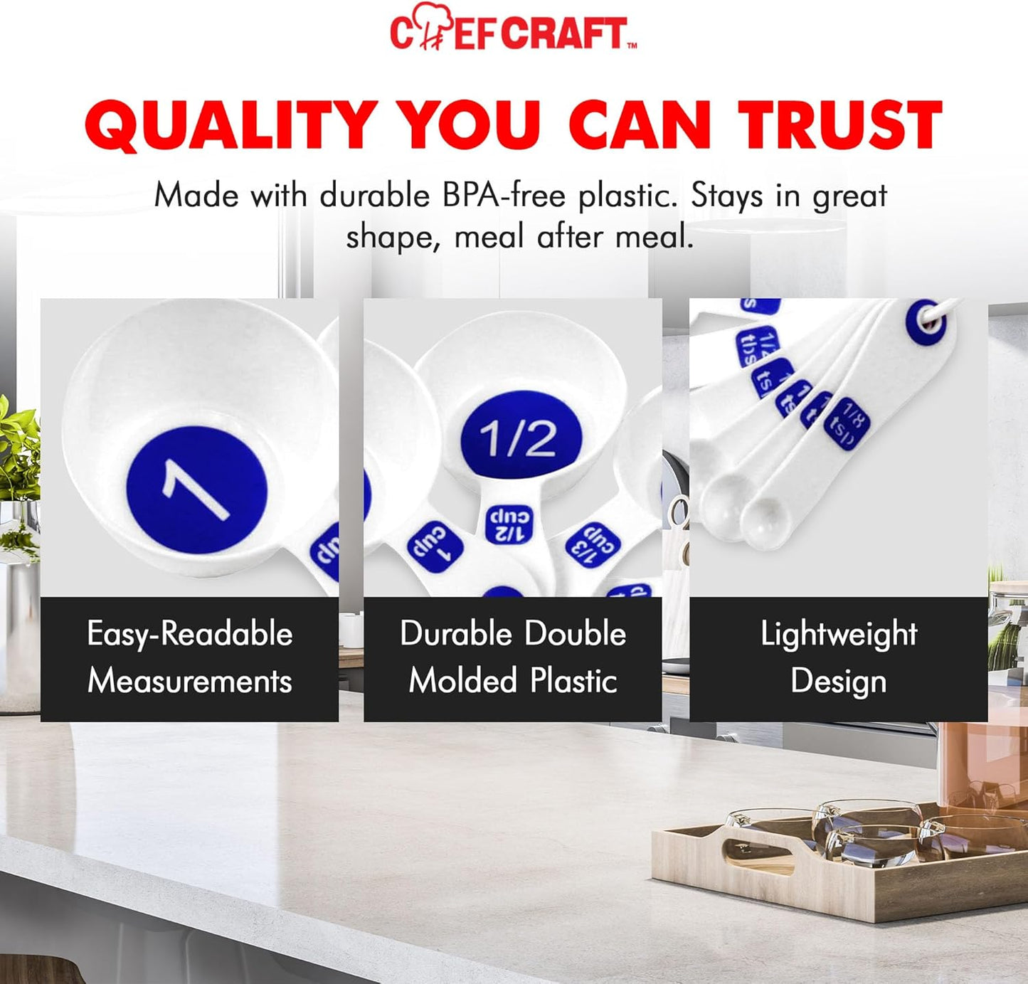 Chef Craft Easy to Read Plastic Measuring Cup Set, 10 Piece, white