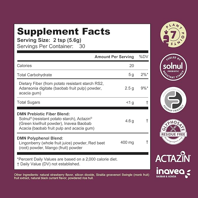 DMN (Daily Microbiome Nutrition), 6 Oz, Plant-Based Fiber Powder with 3 Different Prebiotics, Helps Digestive & Gut Health, Low FODMAP Supplement, Vegan, Wild Berry Flavor, 30 Servings