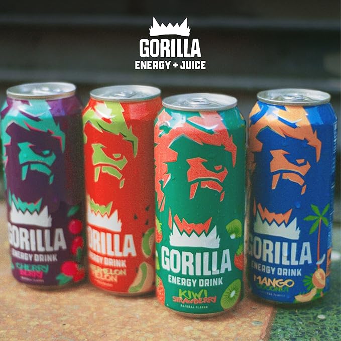 Gorilla Energy Drink, Mango Coconut, 200mg Natural Caffeine, Real Fruit Juice Squeezed & Concentrated, L-Theanine, Taurine, Ginseng, Acetyl L-Carnitine, No Added Sugar and No Artificial Colors, 12 Pack
