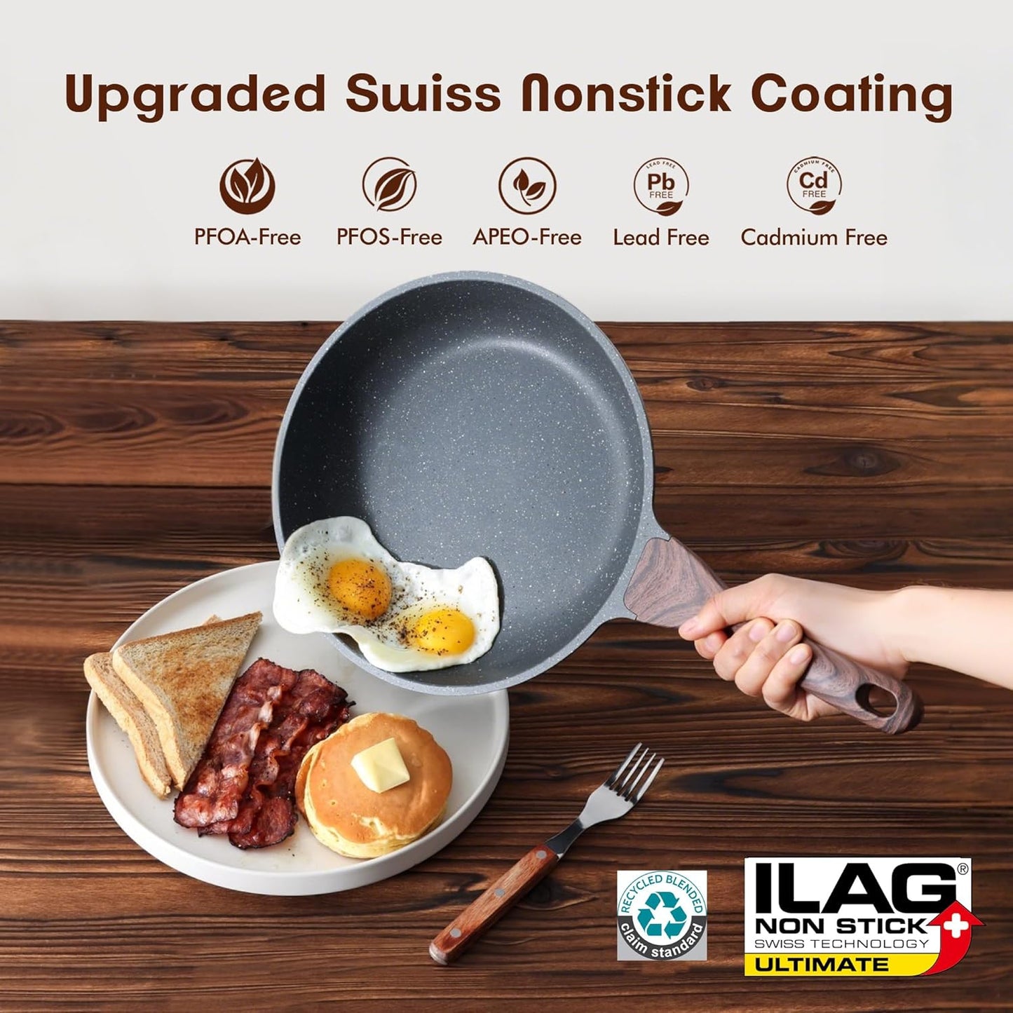 SENSARTE Nonstick Frying Pan Skillets, Swiss Granite Coating Omelette Pans, Healthy Cookware, Free of Intentionally Added PFOA (9.5 Inch Frying Pan and 5QT Saute Pan)