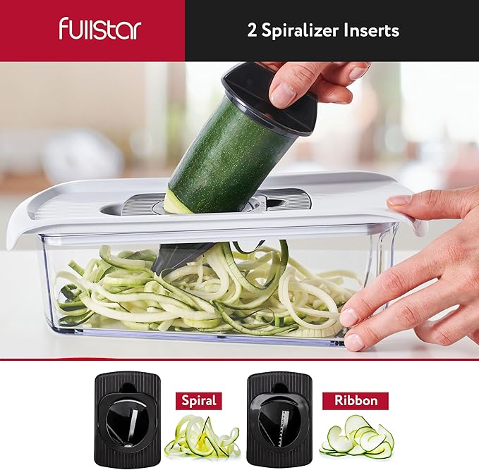 Fullstar Mandoline Slicer for Kitchen, Fruit Cutter, Cheese Grater, Cucumber Slicer, Veggie Spiralizer, Food Cutter & Kitchen Gadgets with Safety Glove (9 in 1, White)