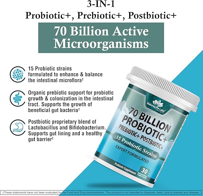 Probiotics 70 Billion CFU – 15 Probiotic strains + Organic Prebiotic+ Postbiotic 3-in-1 Complete – Promotes Healthy Digestive & Immune Function –Gas, Bloating, Constipation Support – for Men & Women