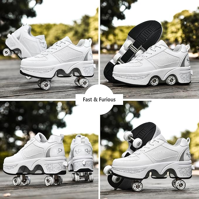 Roller Skate Shoes for Women Four Rounds Children's Roller Skates Shoes That Turn into Rollerskates Sneakers Outdoor Light Shoes with Wheels for Girls/Boys