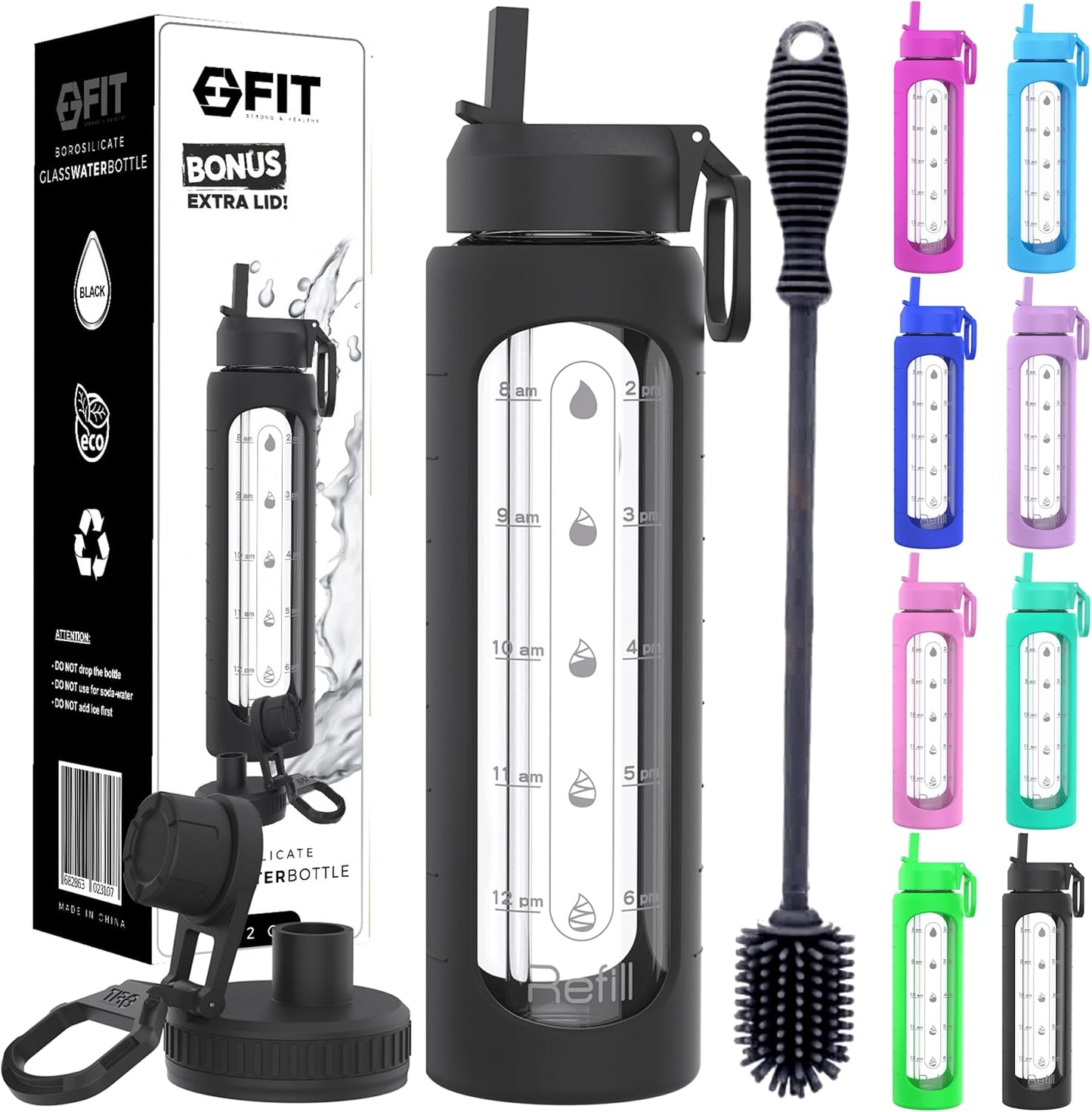 FIT Strong & Healthy 32 oz Glass Water Bottle with Straw Lid, Time Marker, Sleeve & Extra Lid - Motivational, Wide Mouth 1 Liter Glass Drinking Bottle