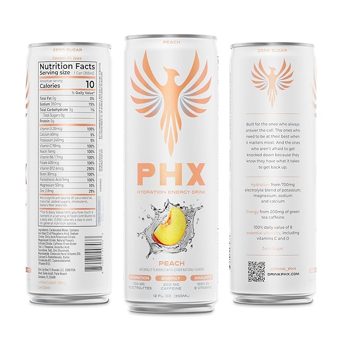 PHX Hydration Energy Drink - 700mg Electrolytes, 200mg Natural Green Tea Caffeine, 100% Daily Value 8 Essential Vitamins - 12 oz Cans (12 Pack) (12 Pack, Peach)