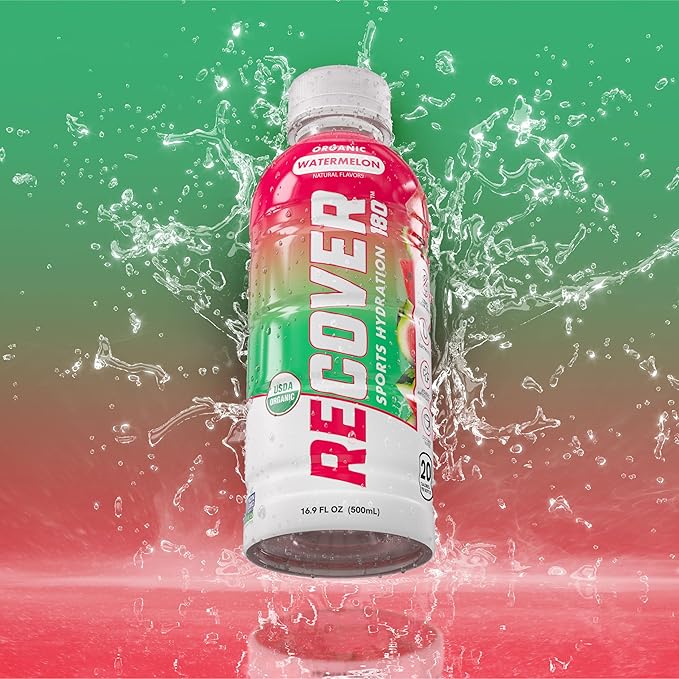 RECOVER 180 Organic Sports Hydration Drink, No Sugar Added, 20 Calorie Sports Beverage, Organic Flavors With Vitamins, Potassium-Packed Electrolytes (16.9 Fl Oz (Pack of 12), Watermelon)