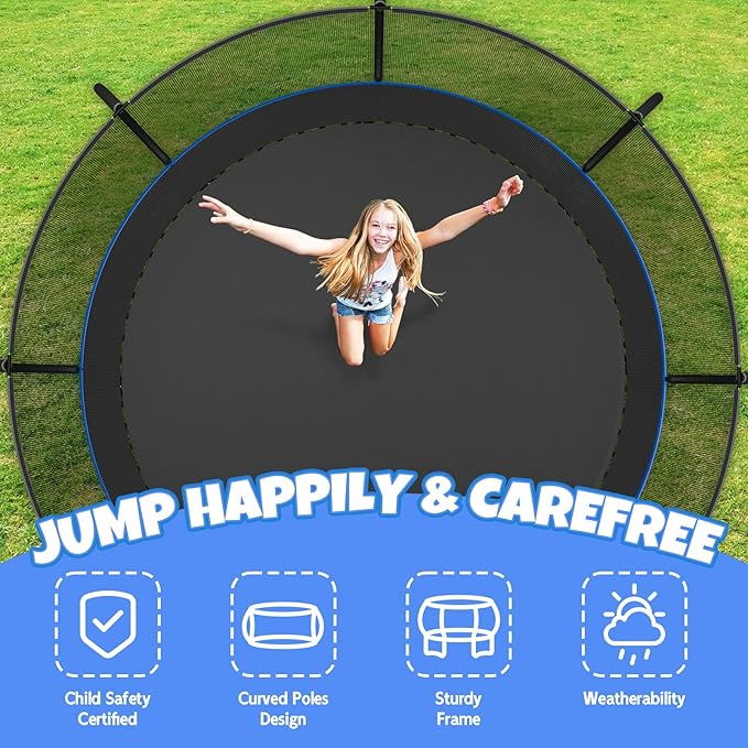Trampoline 8FT 10FT 12FT 14FT 16FT, Outdoor Trampolines for Kids and Adults, Recreational Trampoline with Enclosure Net & Ladder, Round Trampoline ASTM Approved, 400/450LBS Weight Capacity