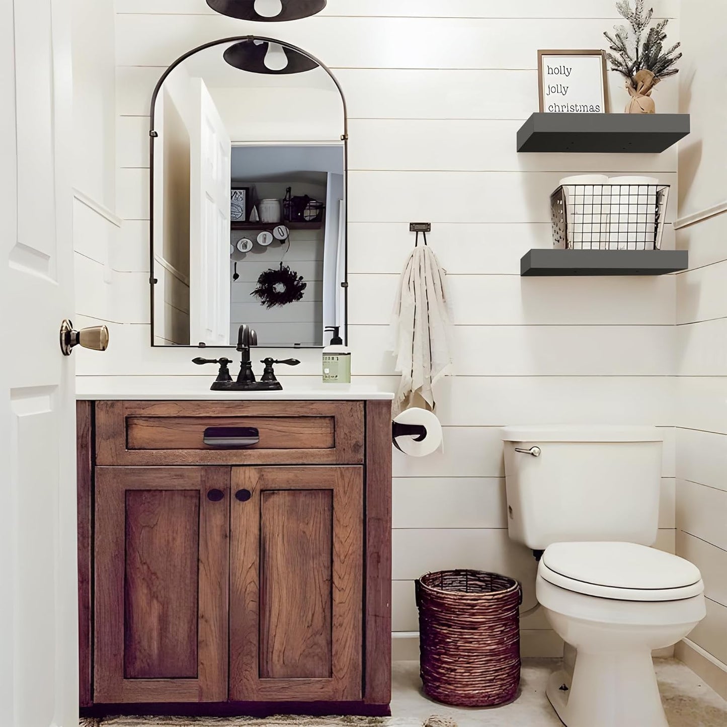 Colima Floating Shelves for Wall Black Wood Shelf for Bedroom, 15 Inch Wall Mounted for Bathroom Living Room Kitchen Office, 1.3" Thick Floating Book Shelves for Wall, Set of 2