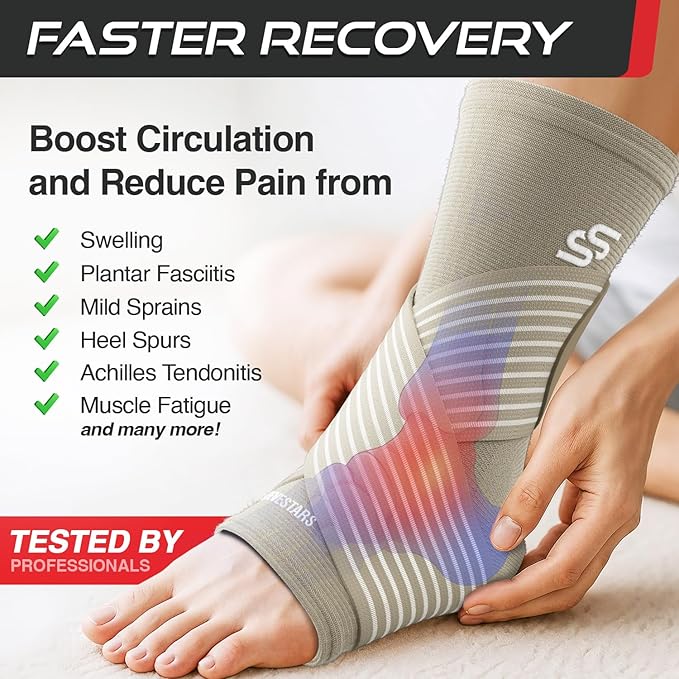 Sleeve Stars Ankle Brace for Women & Men, Ankle Wrap for Sprain, Compression Sleeve for Plantar Fasciitis Relief, Easy Customizable Support: w/ Removable Strap (Pair/M:10"-12"/Beige)