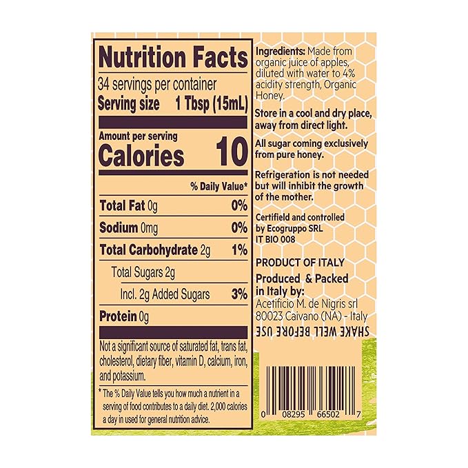 De Nigris Organic Apple Cider Vinegar With Honey Raw & Unfiltered 16,9 Oz (Pack of 2) | Apple Cider Vinegar With Mother, For The Balance Of Metabolism, Organic