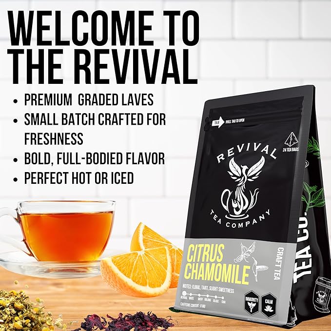 Revival Tea Company Citrus Chamomile Tea - Herbal Tea Blend of Chamomile Flowers and Orange Peel - Caffeine Free - Loose Leaf 3 Ounces
