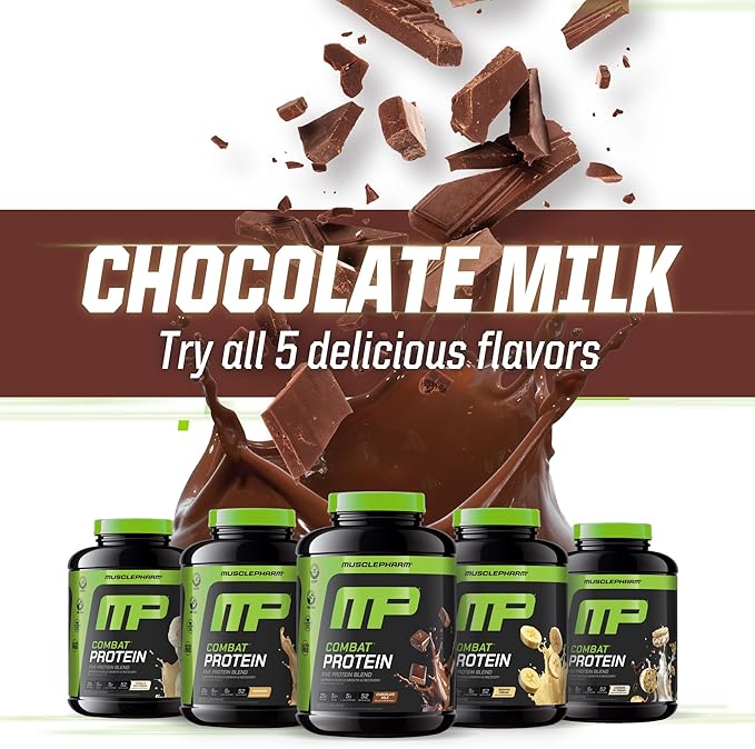 MusclePharm Combat Protein Powder, Chocolate Milk Flavor, Fuels Muscles for Productive Workouts, 5 Protein Sources including Whey Protein Isolate & Egg Albumin, Gluten Free, 4.2 lb, 52 Servings