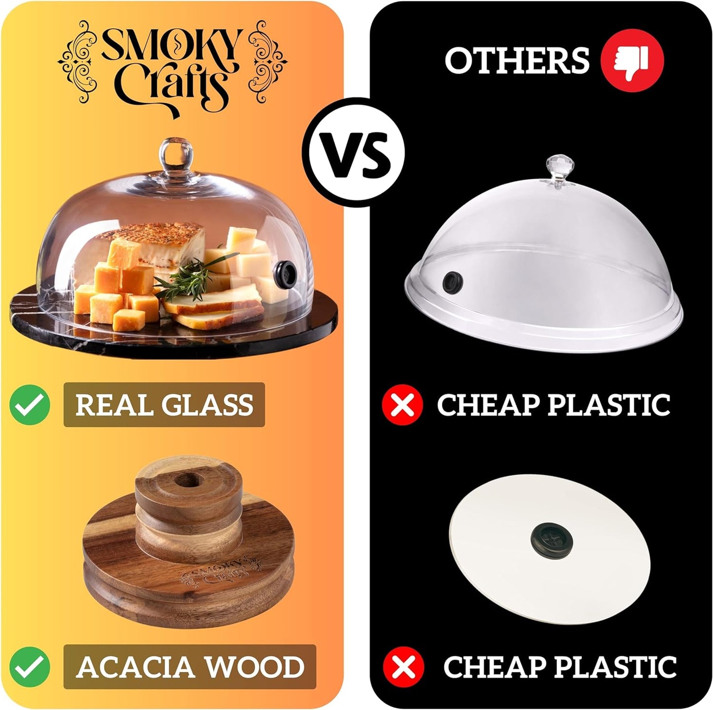 Food and Drink Smoker Kit with Smoke Gun, 8" Smoking Cloche Glass Dome, Acacia Cocktail Smoke Top and Wood Chips (Apple & Cherry) - Whiskey Smoker Kit - Gifts for Men (Torch Not Required)