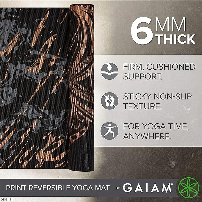 Gaiam Yoga Mat - Premium 6mm Print Reversible Extra Thick Non Slip Exercise & Fitness Mat for All Types of Yoga, Pilates & Floor Workouts (68" x 24" x 6mm Thick)