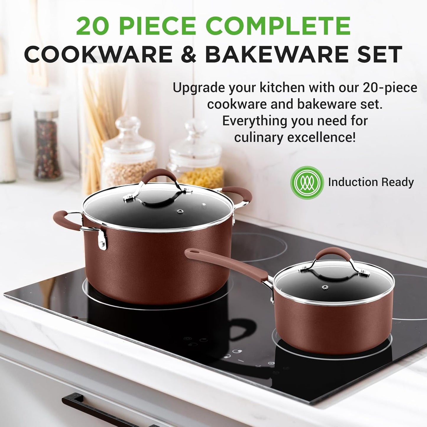 NutriChef 20 Piece Professional Home Kitchen Cookware and Bakeware, Pots and Pans Set Non Stick Kitchenware, Cool-Touch Handles, Safe for Gas, Electric, Induction Cooktops, Easy Clean, Brown