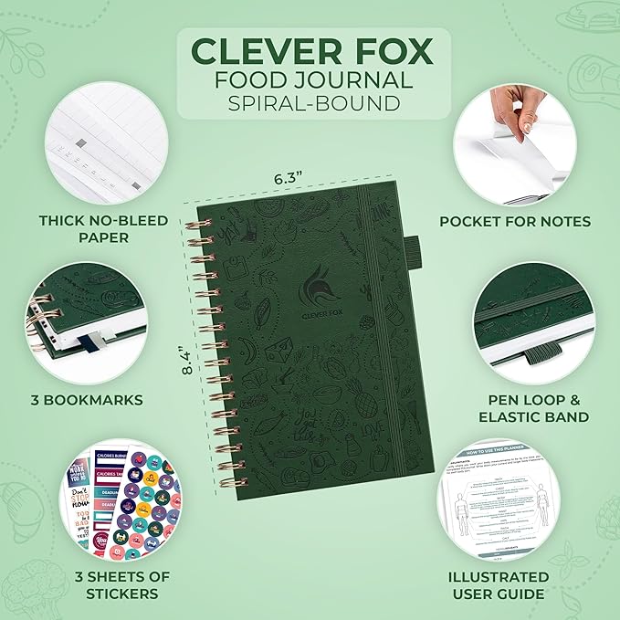 Clever Fox Food Journal Spiral - Daily Food Diary, Meal Prep Planner to Track Calories & Nutrients, Weight Loss Tracker Notebook (Forest Green)