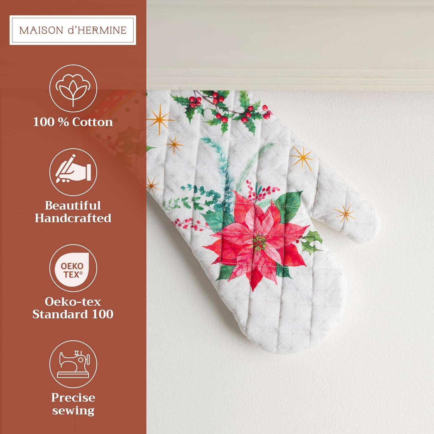 Maison d' Hermine Oven Gloves 100% Cotton Oven Mitt 7" x 13" with Loop Heat Resistant, BBQ, Cooking Gloves, Baking, Grilling, Kitchen, Handling Hot Pans (Pack of 1, Poinsettia Christmas)