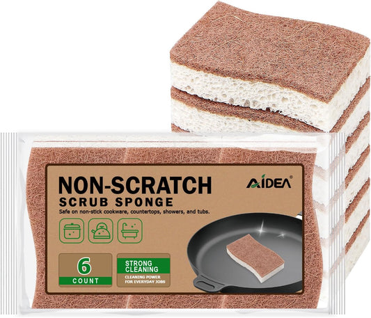 AIDEA Sponges Non Scratch, 6Count, Natural Sponge for Non Stick Cookware, Sponges Kitchen, Cellulose Scrub Sponge for Dishes, Cleaning Power for Kitchen, Bathroom, Household