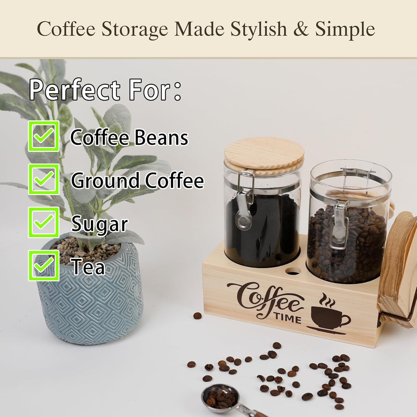 Glass Coffee Canister Set with Shelf & Spoon 2 Piece Coffee Containers for Coffee Bean Storage Airtight Seal, Coffee Bar Accessories Filter Holder for Kitchen Organization