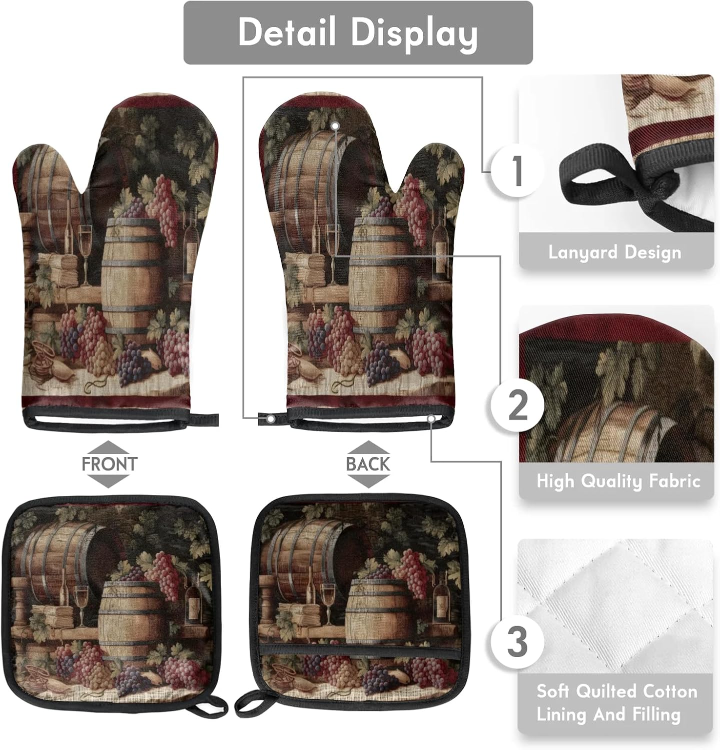 Vintage Wine and Ripe Grapes Oven Mitts and Pot Holders Sets, 2 Pcs Decorative Kitchen Oven Glove for Cooking