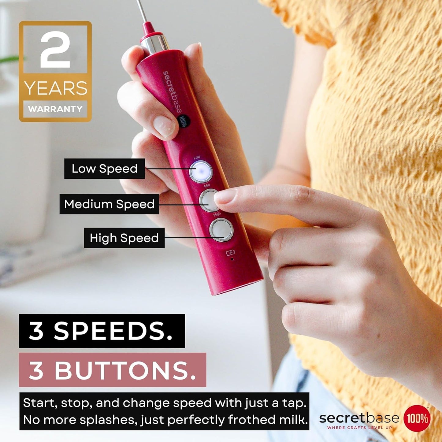 Secretbase Rechargeable Milk Frother Mixer, Pitcher and Charging Base - 3 Speed Handheld Foam Maker for Barista Style Coffee, Bulletproof Coffee, Keto Coffee and Matcha Latte