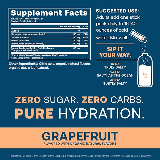 True Grace ElectroMag - 16 Stick Packs (Pack of 2) - Grapefruit - Electrolyte Powder for Rapid Hydration - Sodium, Potassium, Magnesium & Cordyceps - Zero Sugar & Carbs - Non-GMO - 32 Total Servings