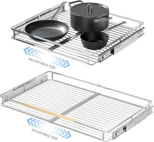 2Pack Expandable Pull Out Cabinet Organizer, 17.1~28"W x 22.5"D Heavy Duty Slide Out Shelves Adjustable Height Cabinet Pull Out Shelves,Expandable Width Spice Rack Organizer for Kitchen