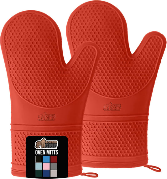 GORILLA GRIP BPA-Free Soft Silicone Oven Mitts, Heat Resistant and Waterproof Cooking Gloves, Thick Cotton Lining, Flexible Gripping for Baking Grilling, Kitchen Potholders Set of 2, 12.5x8.3, Coral