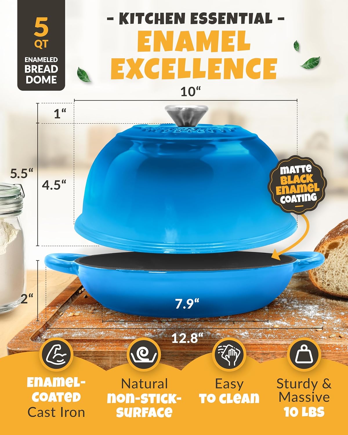 Dutch Oven Bread Baking - 5QT Enamel Bread-Dome - incl Sourdough Bread-Baking Suppliers like Dough Whisk Scoring Lame etc Bread-Oven Cast Iron for Sour dough Bread-Pan with Lid, Bread-making