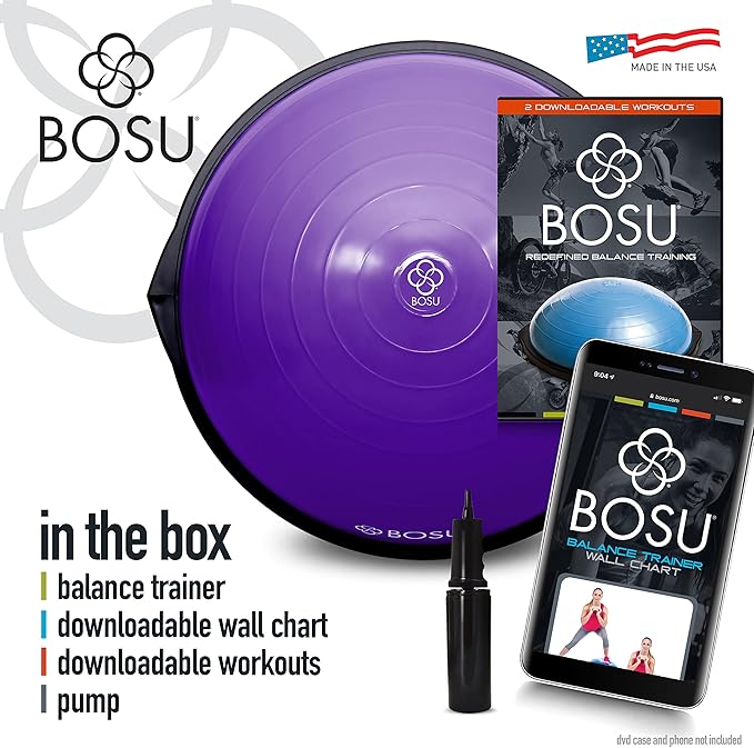 Bosu Balance Ball Exercise Trainer, Home Gym Equipment w/ Guided Workouts & Pump, 26", Blue - Inflatable Fitness Platform for Strength Training, Standing, Balancing, and Core Workout