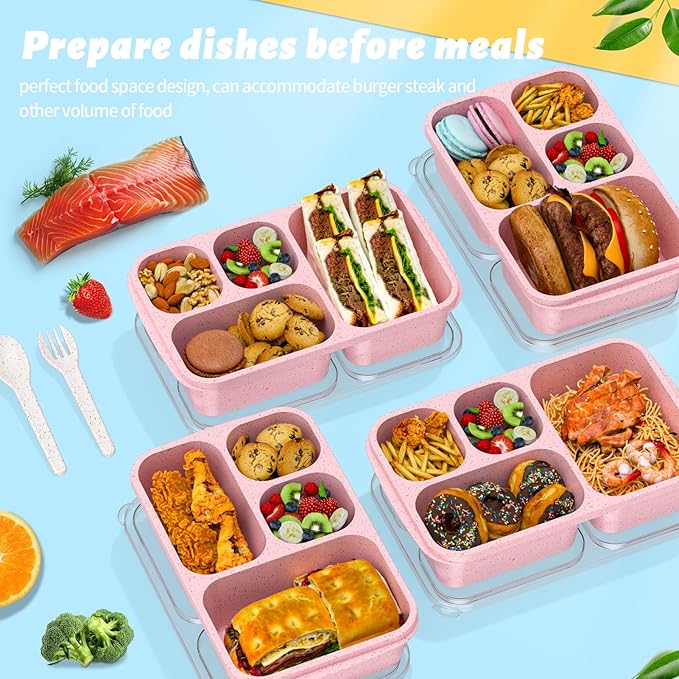 Large Capacity Bento Box for Adults, 4-Piece Set – Stackable Lunch Box with 4 Compartments, Microwave & Dishwasher Safe, Reusable Meal Prep Containers, Snack Containers for Kids & Adults (Pink)