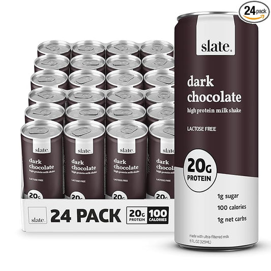 Slate Milk - High Protein Milk Shake - Dark Chocolate - Lactose Free, 20g Protein, 1g Sugar, 100 Calories, 1g Net Carbs, No Added Sugar - Natural, Breakfast Boost, Post Workout - 11 fl oz, 24 Cans