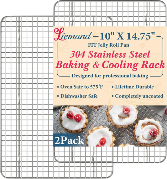Cooling Racks for Cooking and Baking-10"x14.75" Oven Safe Premium Stainless Steel Heavy Duty Baking Rack Tight-Wire, Fits Jelly Roll Pan Rack for Roasting & Grilling & Cooking-Set of 2