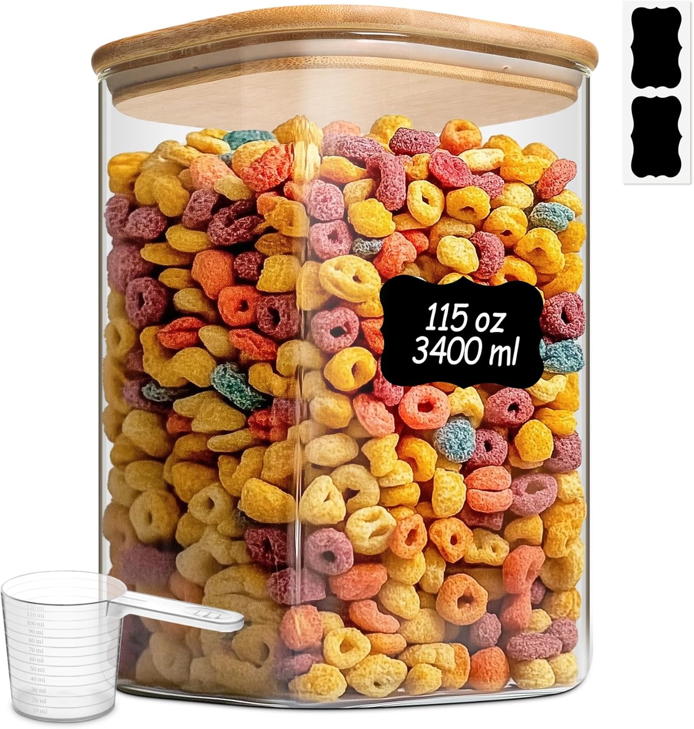 ComSaf 115 oz Glass Food Storage Containers, Cereal Storage Containers with Airtight Lids, Large Square Glass Jars with Bamboo Lids, for Rice, Pasta, Oats, Grains, Coffee Beans