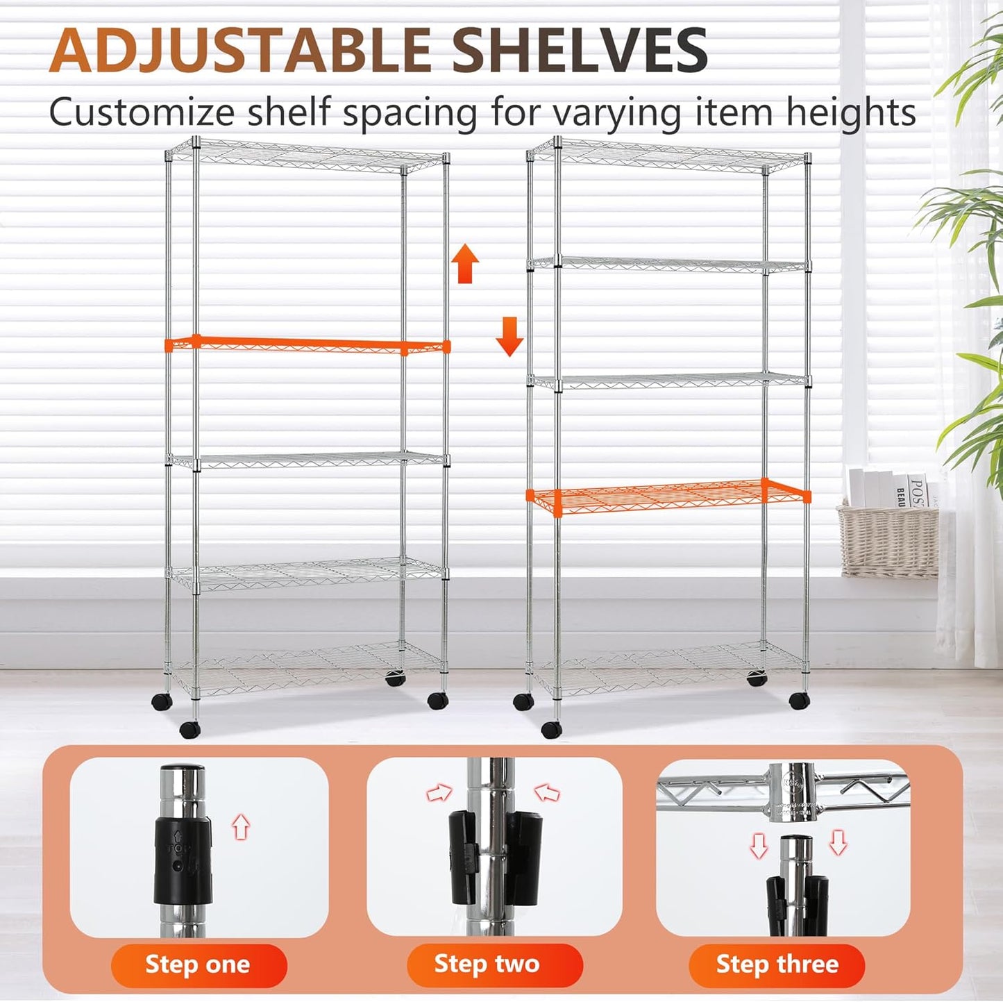 FDW Adjustable Storage Rack Wire Shelf with Wheels - 5 Tier Metal Shelves for Small Spaces - Easy Assembly, Chrome