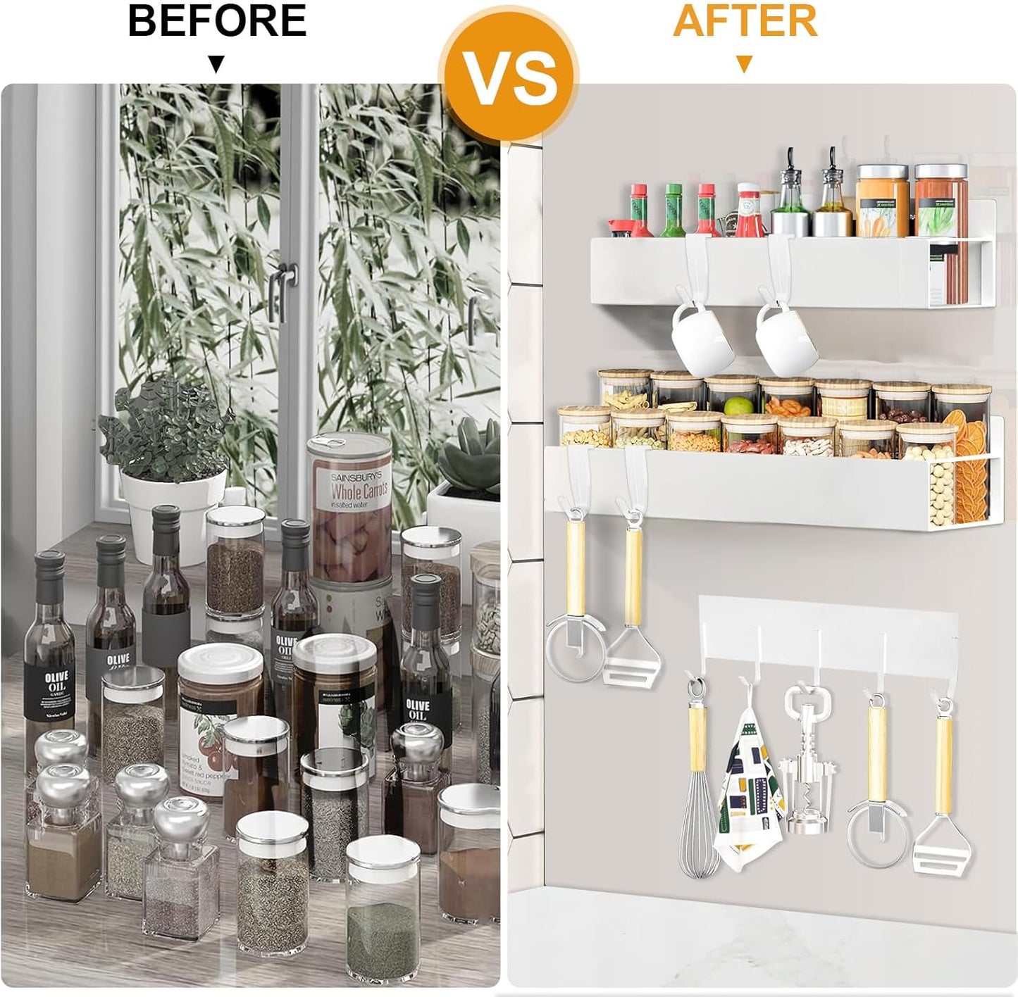 4 Pack Magnetic Spice Rack for Refrigerator,Metal Magnetic Shelf White with Hook,Magnetic Knife Rack,4 Hooks,Space Saving for Home,Kitchen