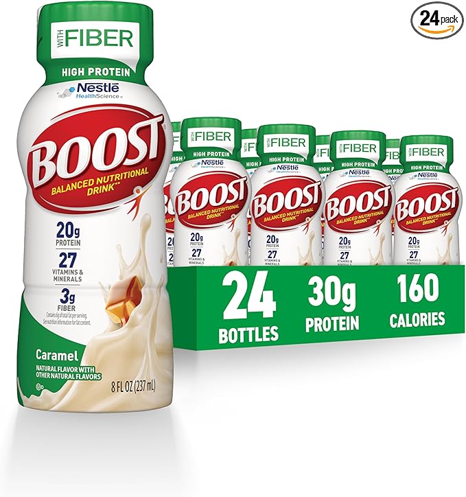 BOOST High Protein with Fiber Ready to Drink Complete Nutritional Drink, Caramel, 8 fl oz Bottle, 24 Pack