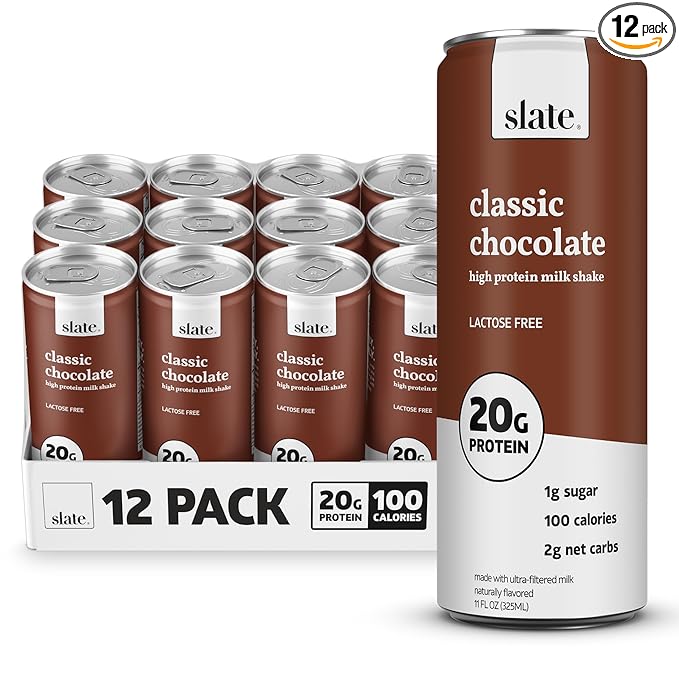 Slate Milk - High Protein Milk Shake - Classic Chocolate - Lactose Free, 20g Protein, 1g Sugar, 100 Calories, 2g Net Carbs, No Added Sugar - Natural, Breakfast Boost, Post Workout - 11 fl oz, 12 Cans