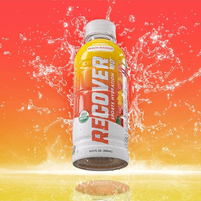RECOVER 180 Organic Sports Hydration Drink, No Sugar Added, 20 Calorie Sports Beverage, Organic Flavors With Vitamins, Potassium-Packed Electrolytes (16.9 Fl Oz (Pack of 12), Peach Mango)