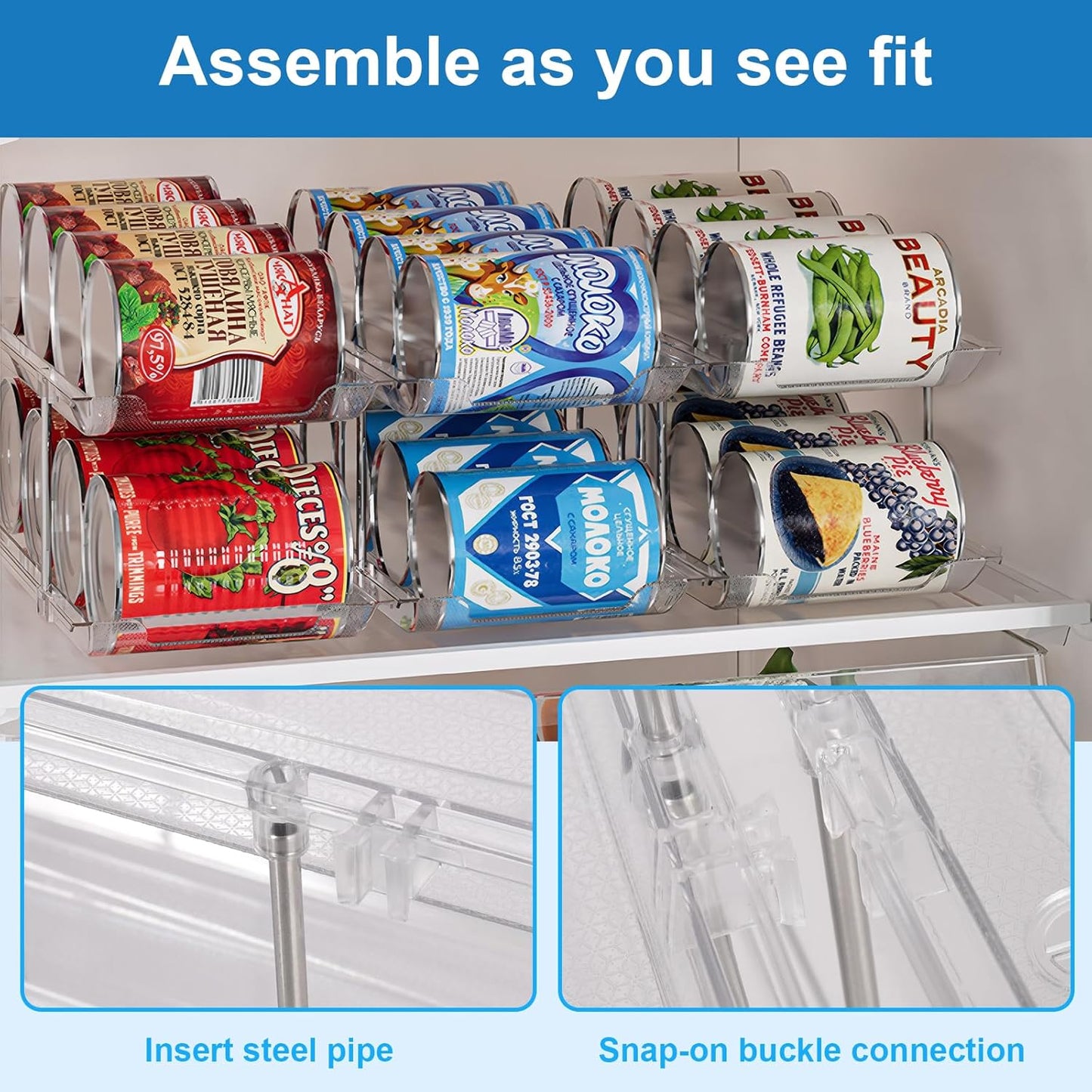 cjc Can Organizer for Pantry Stackable, Clear Can Organizer for Fridge, Auto-Rolling Pop Soda Pantry Organizers for 36 Cans, Storage Rack for Kitchen Cabinet (3 Sets 3 Tiers)