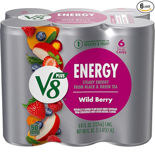 V8 +Energy Wild Berry Juice Energy Drink, 8 fl oz Can (6 Pack)