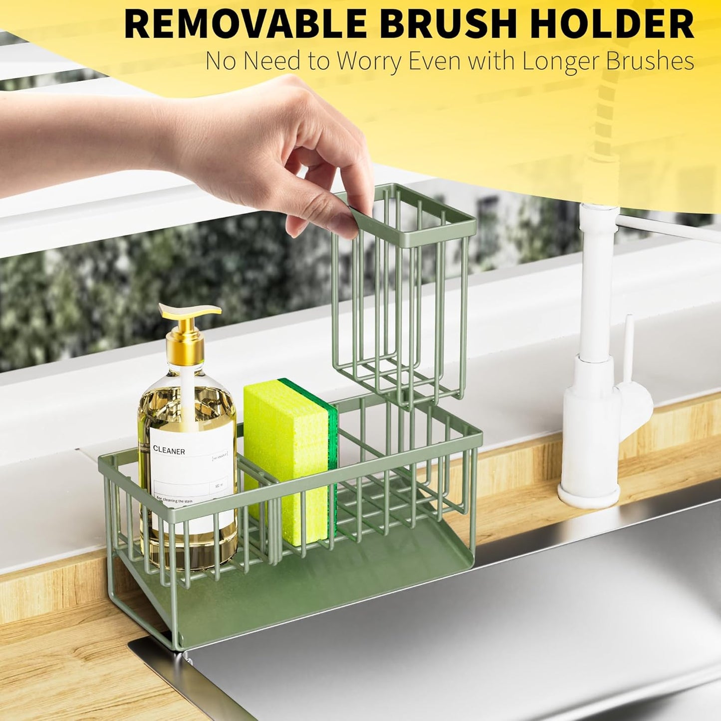 Cisily Kitchen Sink Caddy - Sponge Holder and Organizer with High Brush Holder, 304 Stainless Steel, Sage Green