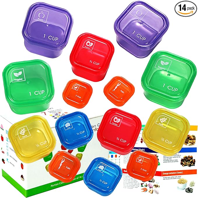 BHYTAKI Portion Control Containers, Double Set (14 Pieces) 21 Day for Weight Loss with Tally Chart and Food Plan
