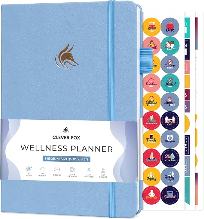 Clever Fox Wellness Planner - Weekly & Daily Health and Wellness Log, Food Journal & Meal Planner Diary for Calorie Counting, Notebook for Medical Condition Tracking, A5-Sized - Light Blue