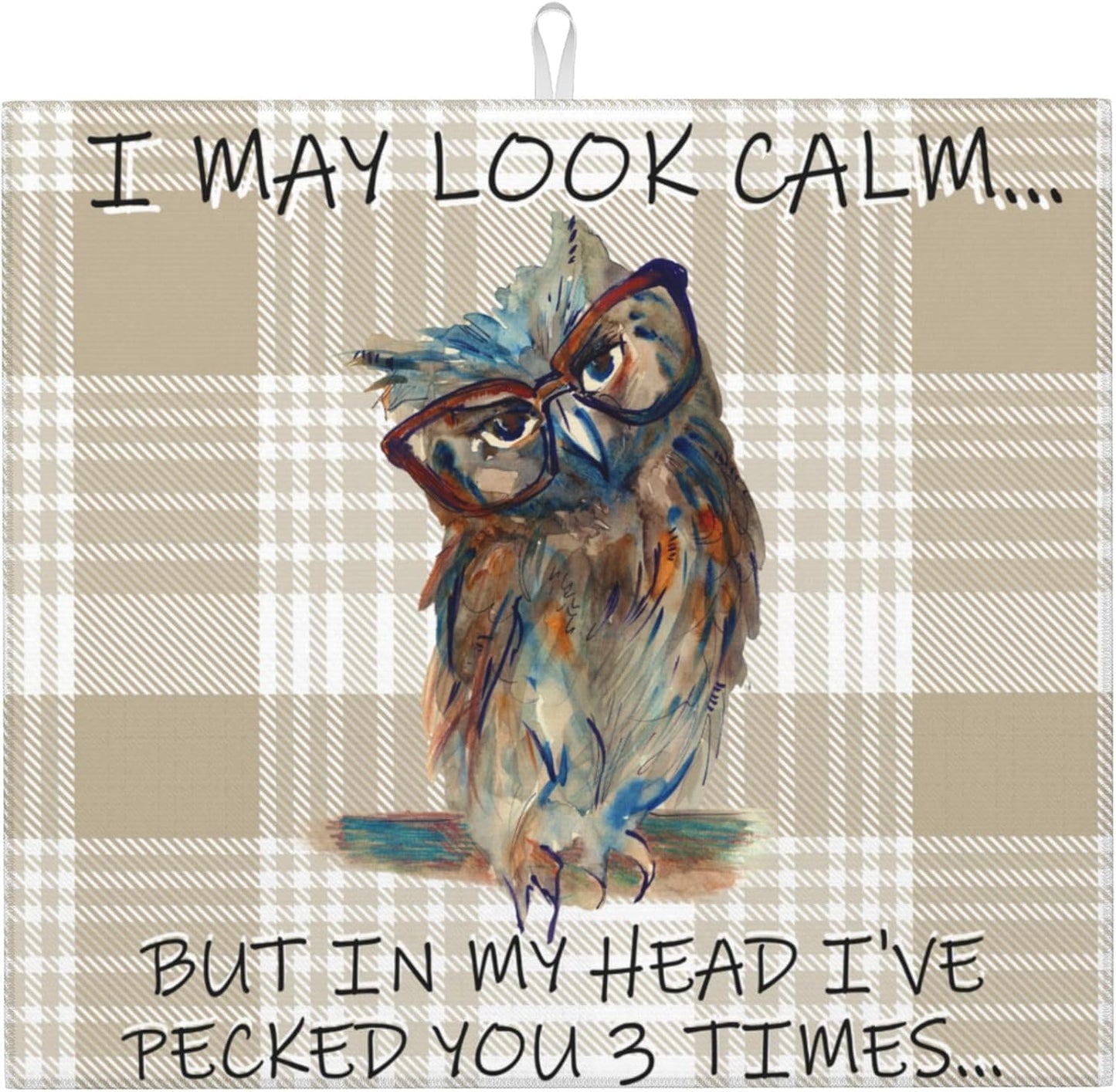 Funny Owl Dish Drying Mat for Kitchen Counter Cute Buffalo Plaid Drying Mat Washable Absorbent Reversible Microfiber Drying Pad Kitchen Accessories 16"x18"